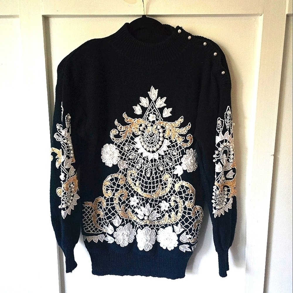 VINTAGE BONNIE BOERER | Beaded Sequin black sweater 80s   Small - Picture 2 of 5